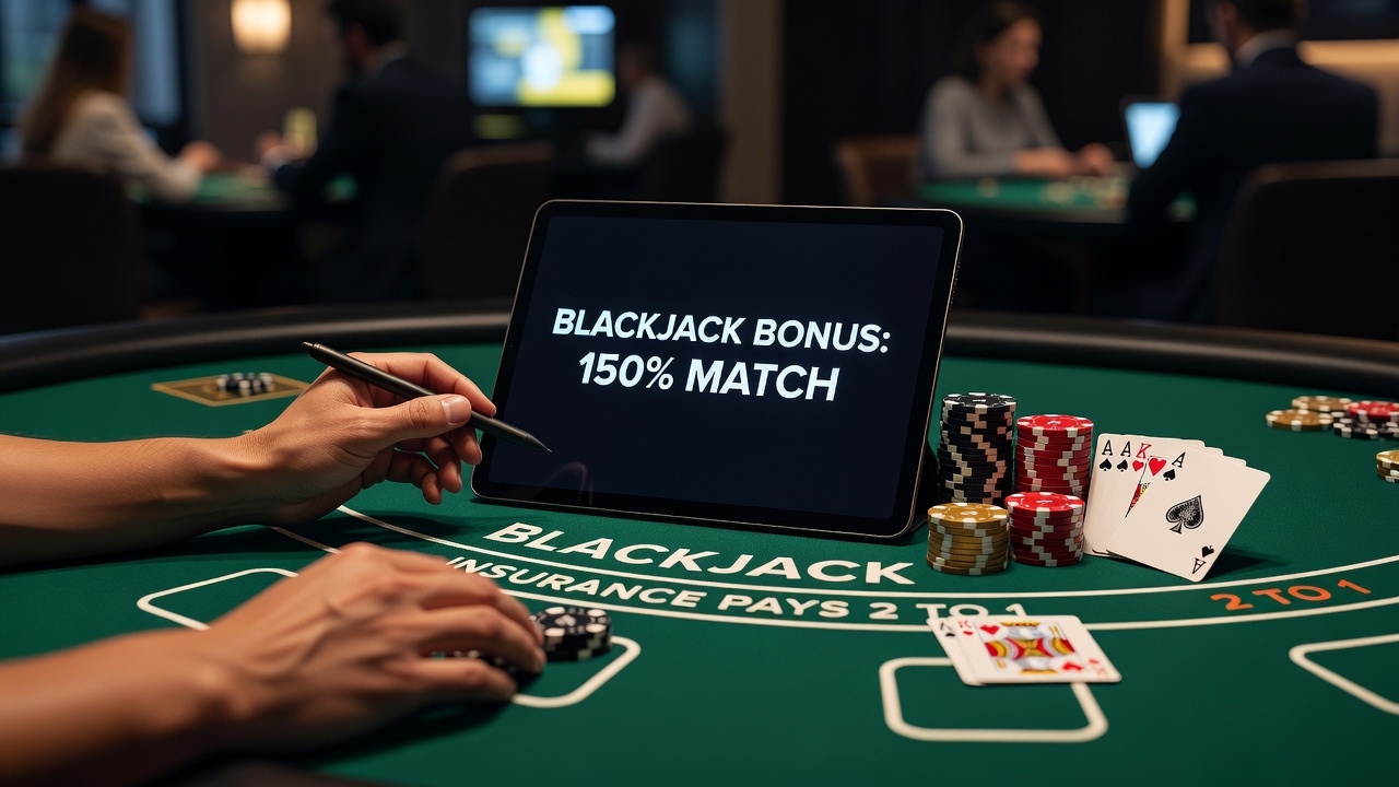 Close-up of digital blackjack interface showing bonus meter and bet placement options