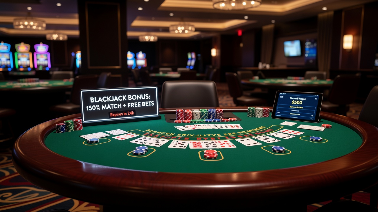 Online blackjack interface showing bonus balance and betting options