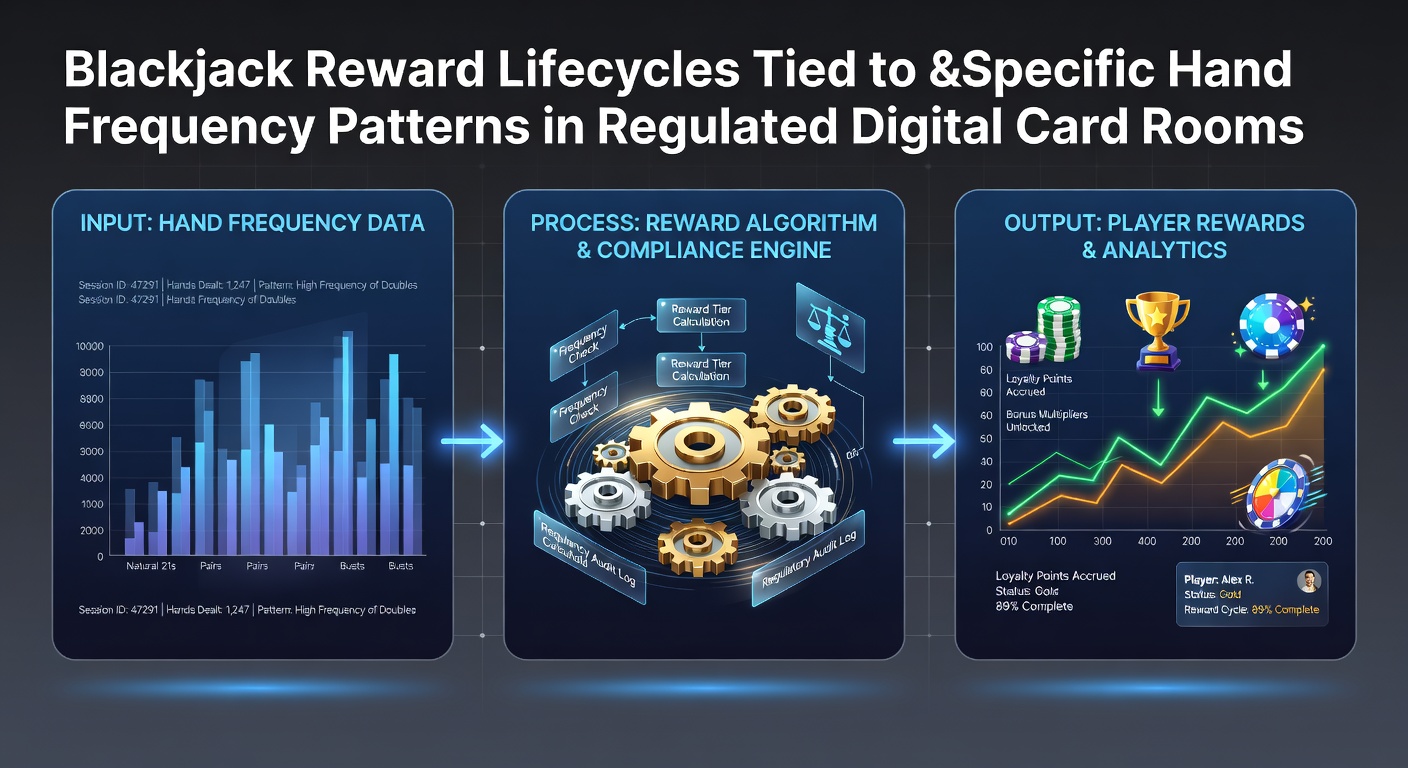 Digital blackjack table displaying hand frequency analytics overlaid on reward tier progression charts in a regulated online card room interface