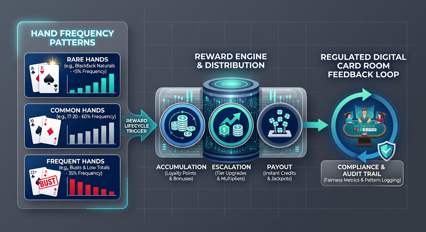 Analytics dashboard from a regulated digital card room showing real-time blackjack hand frequency distributions connected to evolving player reward lifecycle stages