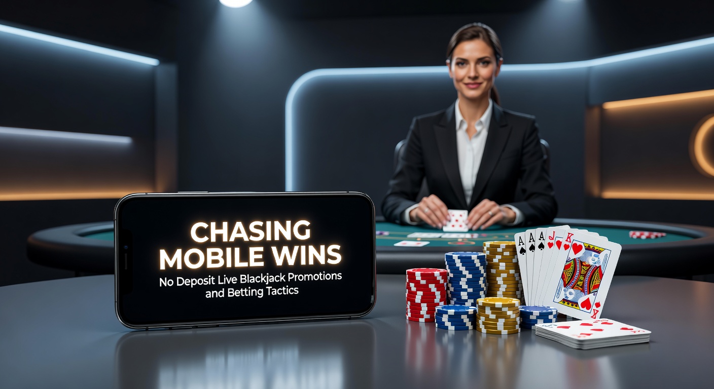 Mobile phone displaying a live blackjack table with no deposit bonus active, cards in play and chips stacked high