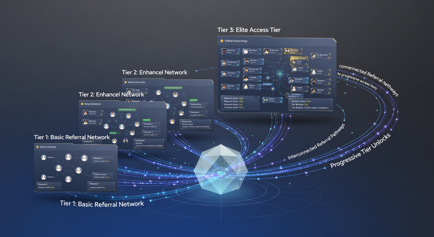 Screenshot of a virtual card room interface displaying tier progression bars connected to referral counters