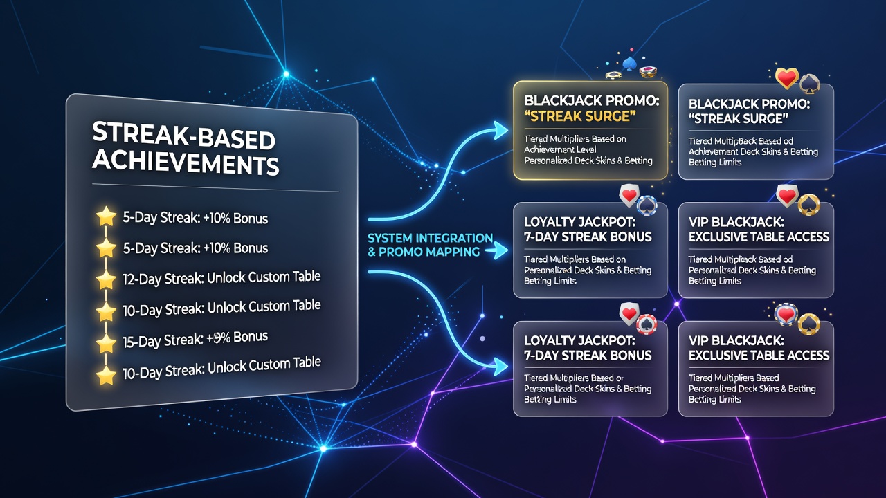 Virtual blackjack interface displaying streak achievement badges alongside personalized promotion offers on a digital gaming platform