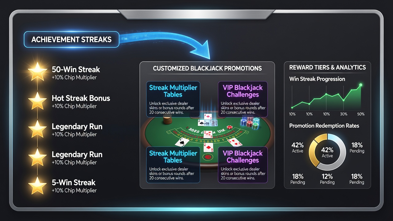 Analytics dashboard on a virtual gaming platform illustrating streak metrics connected to segmented blackjack reward tiers