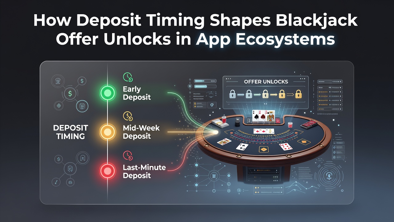 Mobile app interface showing blackjack game with deposit timing indicators and unlock notifications