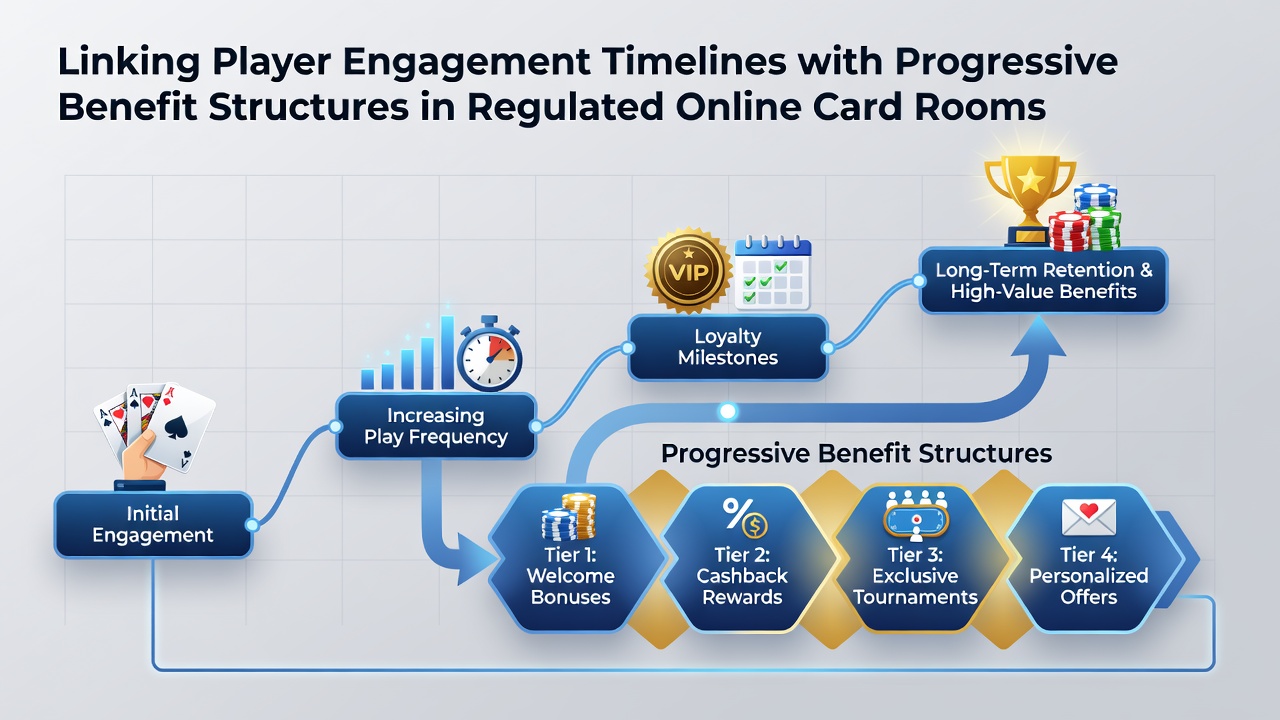 Infographic illustrating how engagement timelines feed into tiered reward progression within licensed card room ecosystems