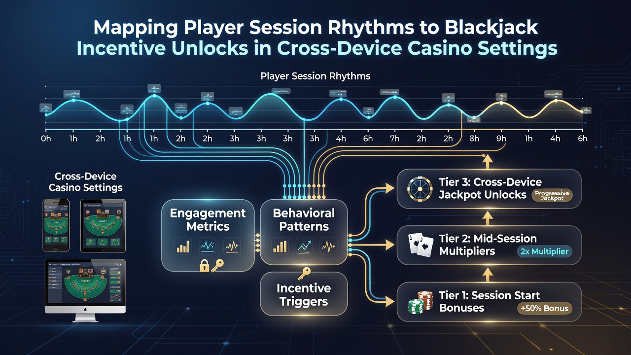 Flowchart illustrating data flow from mobile session rhythm detection to desktop incentive unlock activation in casino platforms