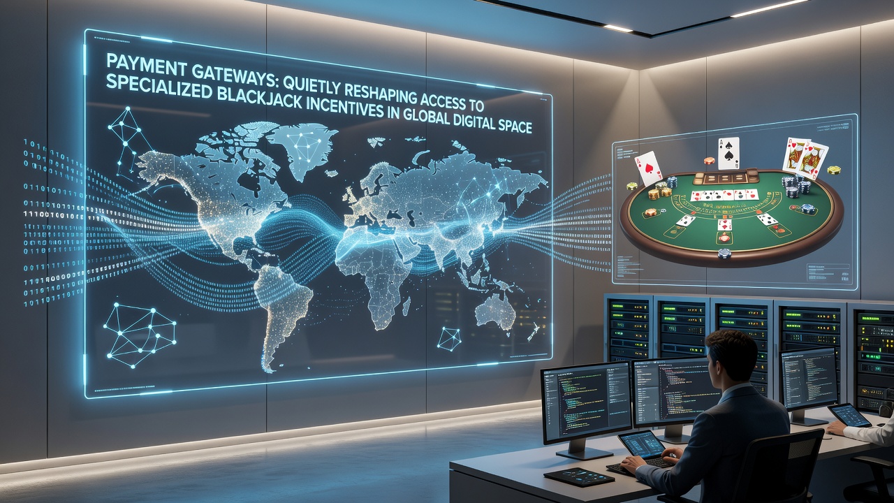 Global map overlay on payment gateway network highlighting regional access to blackjack incentives