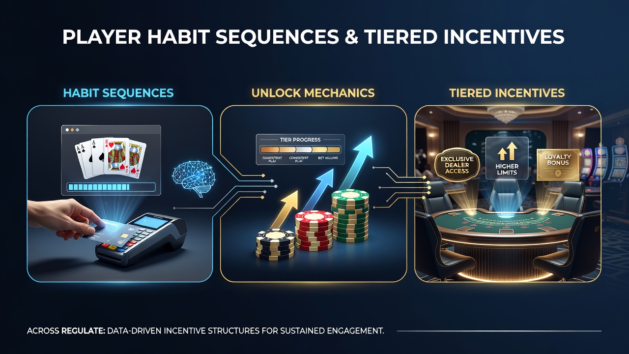 Diagram showing how sequential player behaviors map to escalating blackjack table tiers in regulated online systems