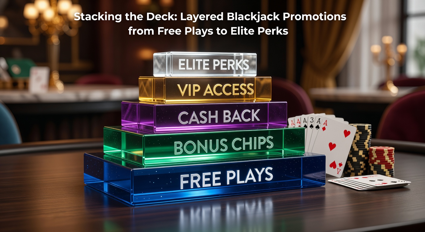 Visual representation of layered blackjack promotions stacking from basic free plays up to exclusive VIP perks at online casinos