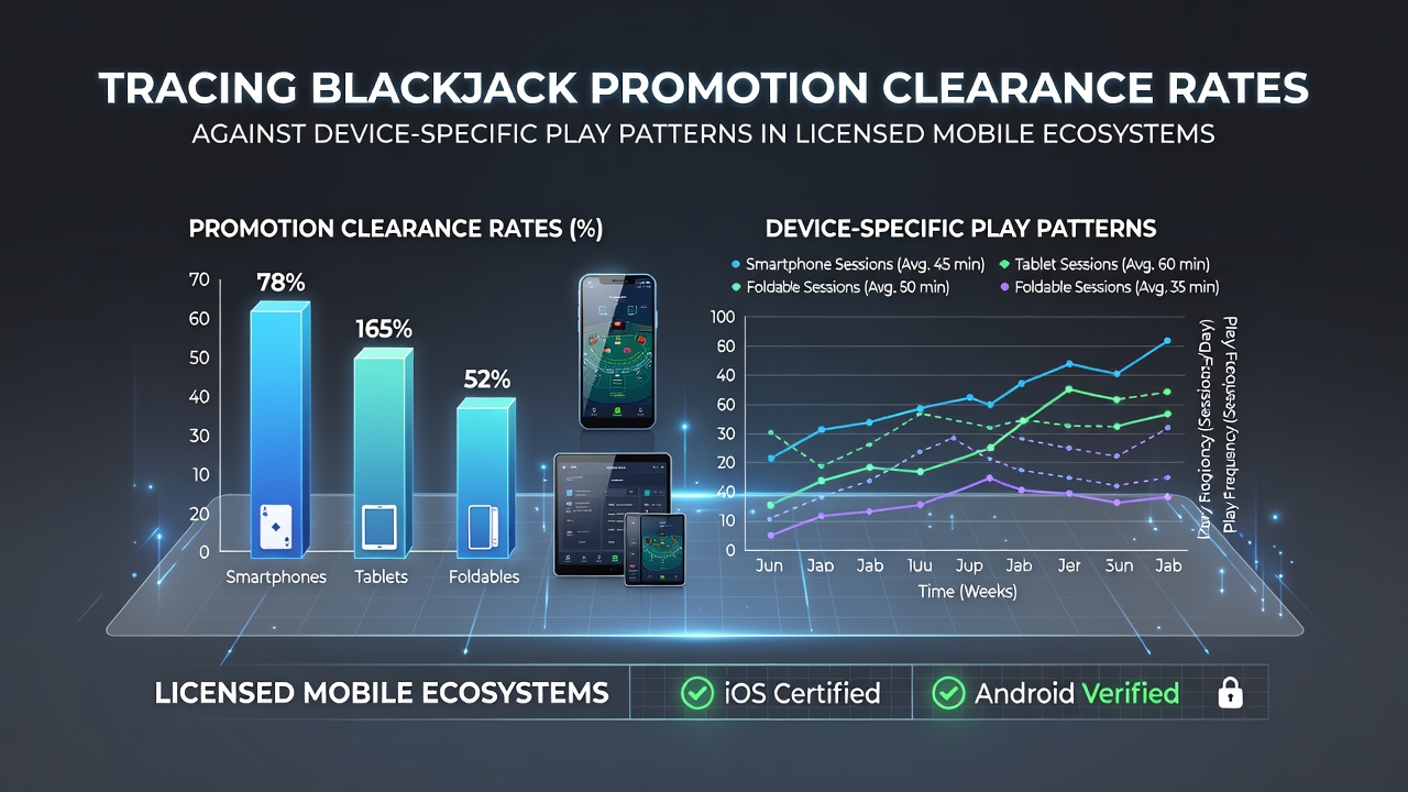 Mobile device screen displaying blackjack game interface with promotion tracking overlay in a licensed app environment