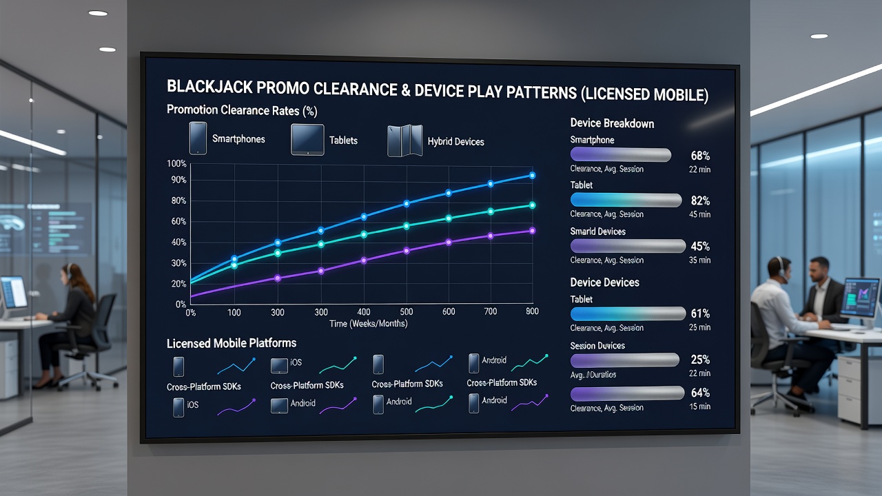 Analytics dashboard showing device-specific blackjack play patterns and promotion clearance metrics