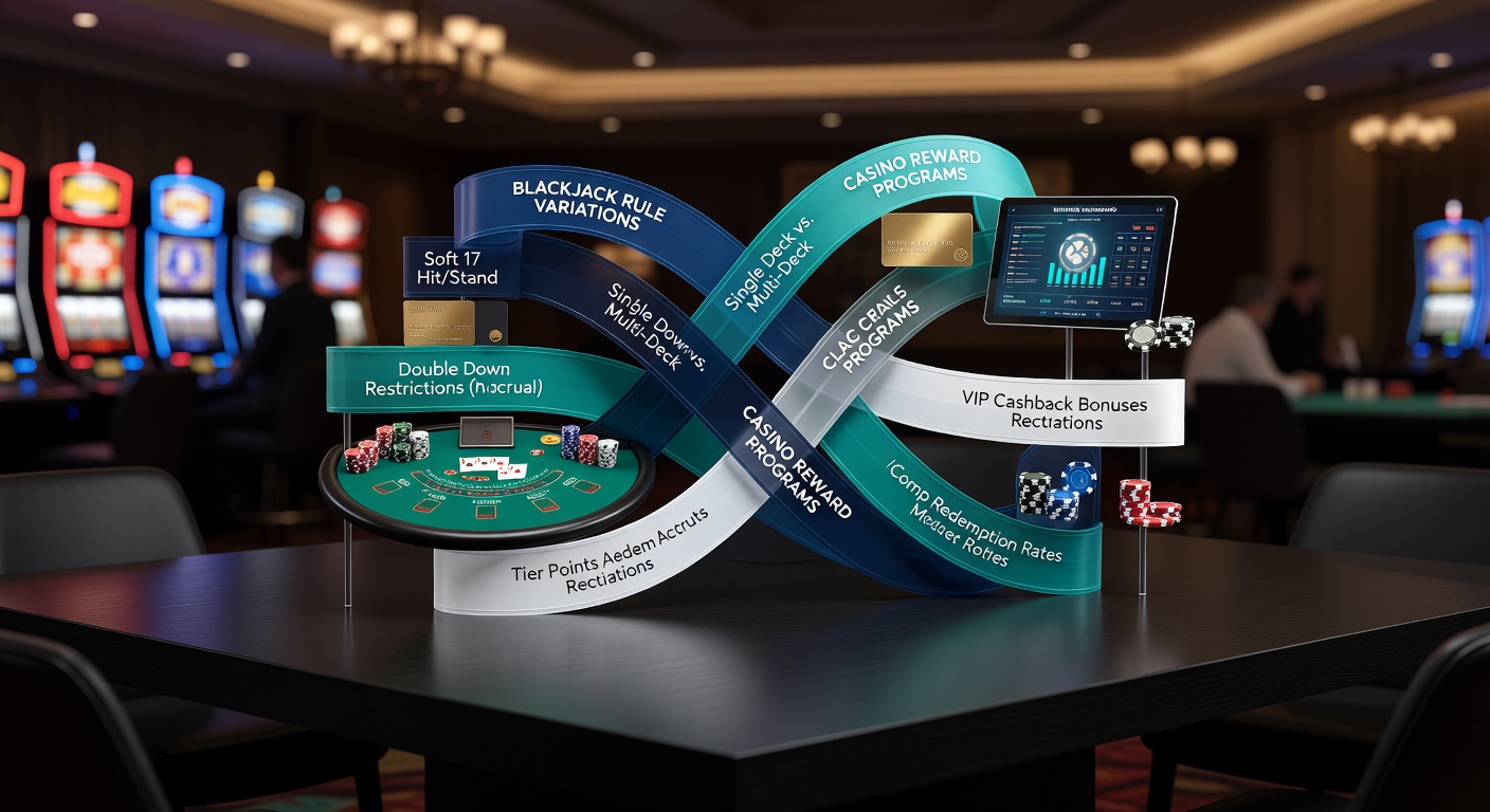 Blackjack table layout showing various rule variations and player reward indicators